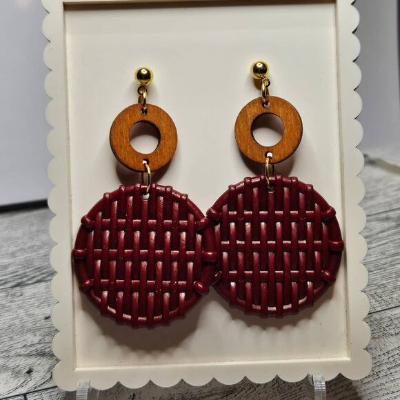 Faux Rattan and Wood Mix Media Earrings Fall Autumn Cottage  Boho - Picture 2 of 4